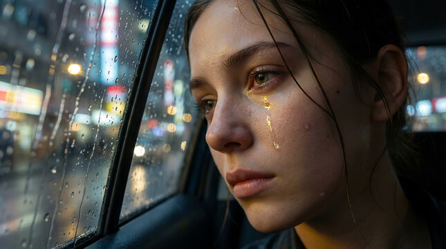 Melancholic woman looking through a rain streaked car window at night
