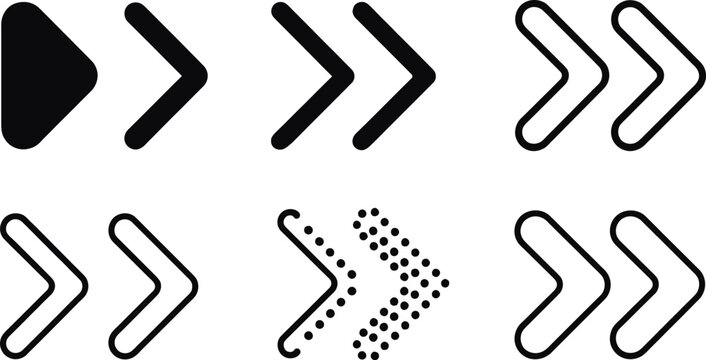 Multiple arrow head icon collection for next page navigation and direction indicator signs