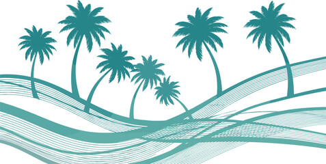 Teal palm tree silhouettes on abstract ocean wave lines isolated on white background for summer vacation travel banner and coastal beach design. © SHAUN