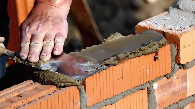 Bricklayer spreading mortar on brick with trowel