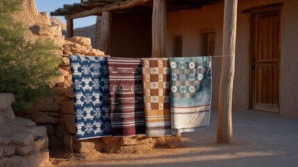 Fototapeta premium In a rustic home, beautiful handmade quilts are drying on a rack, representing heritage and tradition alongside contemporary drying techniques in household management. cinematic color correction,