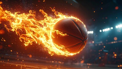 Fototapeta premium Dynamic flaming basketball flying fast with fiery trail over blurry stadium court