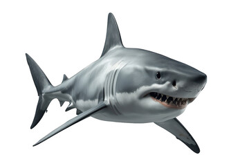 Fototapeta premium Great white shark swimming in ocean, powerful marine predator with sharp teeth, dangerous wildlife, isolated on transparent background