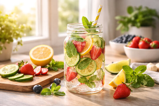 Refreshing infused water with citrus berries and fresh mint leaves