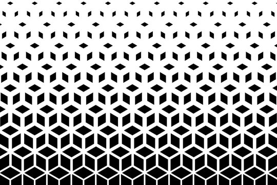 Disappearing cubic shapes pattern. Vanishing repeated cubes in isometric projection. Minimalistic abstract geometric print. Diamond forms with faded effect wallpaper. Vector graphic illustration.