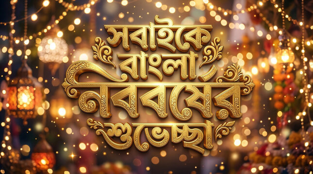 Golden Bengali New Year Greeting 3D Typography with Festive Bokeh Lights and Marigold Flowers Background