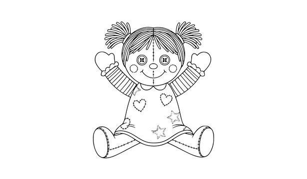 Cute cheerful rag doll sitting black and white outline vector with patchwork dress and stitched toy details