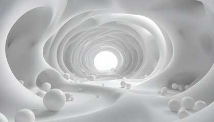 Obraz premium A surreal white tunnel with rounded walls and scattered spheres leads to a bright circular exit