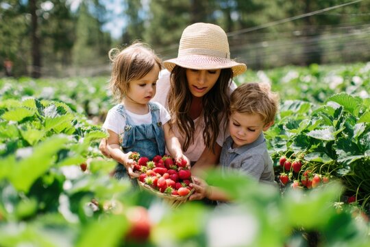 Family Kids Enjoying Picking Fresh Strawberries U-Pick Farm