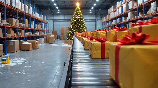 Warehouse with Christmas gifts on conveyor