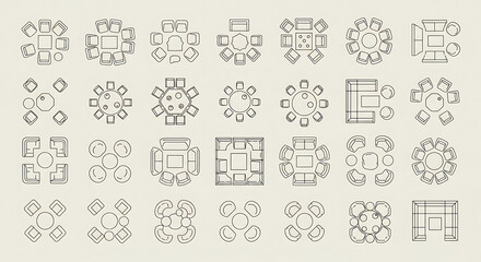 Collaborative Breakout Space Floor Plan Symbols Set - 25 Informal Lounge Caf&eacute; Furniture Configurations on Light Warm Gray - Architectural Collection for Casual Workspace Design
