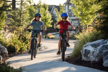 Fototapeta premium Joyful Family Kids Riding Bikes Trails Neighborhood Together