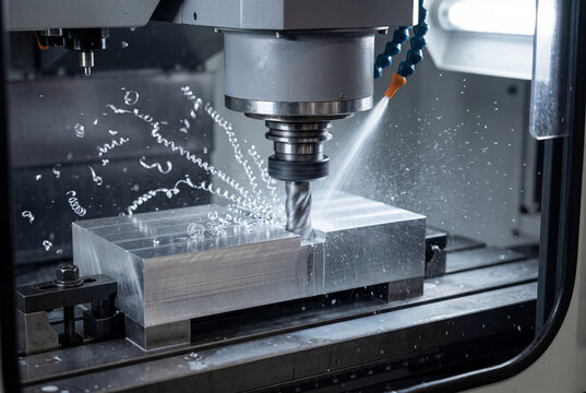 CNC Milling Machine Cutting Metal Block with Coolant Spray
