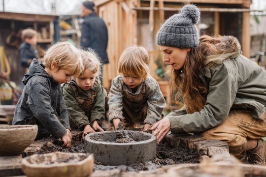 Fun Family Kids Making Mud Pie Outdoor Nature