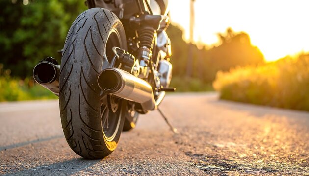 Rear motorcycle wheel and exhaust on asphalt road, backlighted by bright sun, green foliage background
