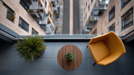 Obraz premium A modern balcony furnished with a yellow chair and plants offering an aerial view of a city street