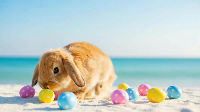 Cute Easter Bunny on Tropical Beach with Colorful Polka Dot Eggs, Spring Vacation Concept