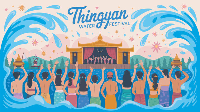 A vibrant illustration of people celebrating the Thingyan Water Festival with a stage and water splashes