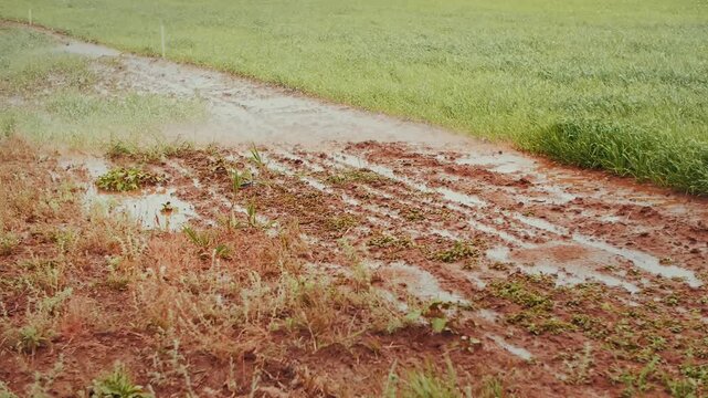 Approaching Rainstorm Over Green Field And Muddy Path