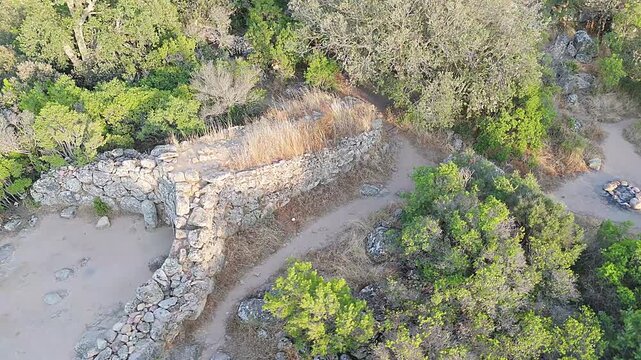 Aerial view of the megalithic Tomb of the Giants "Is Concias". Sardinia, Italy