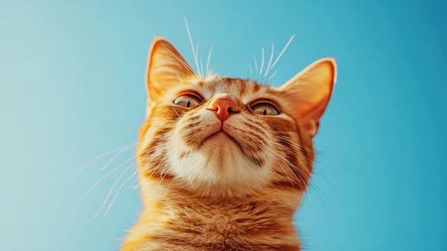 A vibrant orange tabby cat looks upwards against a bright, clear, blue sky