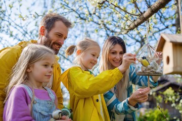 Fototapeta premium Family Kids Making Bird Feeders Attract Spring Birds Together