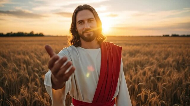 Jesus Christ reaching out hand in a golden wheat field at sunset biblical harvest concept