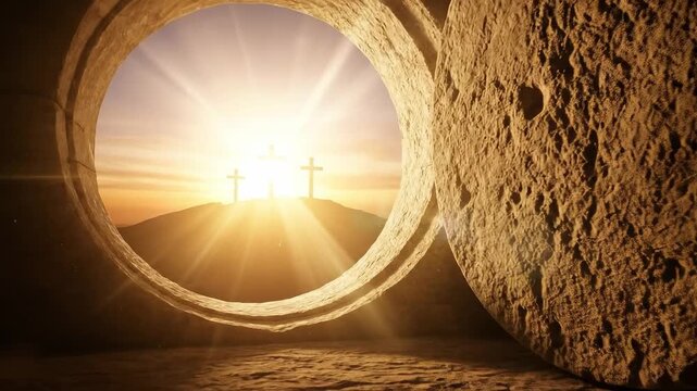 Empty Tomb with Rolled Stone and Three Crosses at Sunrise for Easter Sunday Resurrection Background