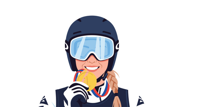 A smiling female skier with a braided ponytail wears a dark blue helmet and holds a gold medal.