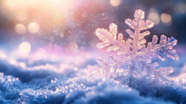 A close-up of a snowflake with shimmering details, resting on snowy ground, soft-focus background