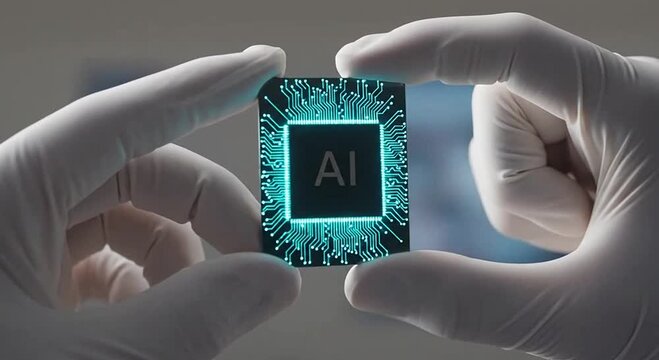 Gloved hands hold a glowing AI microchip with blue circuits, representing advanced technology