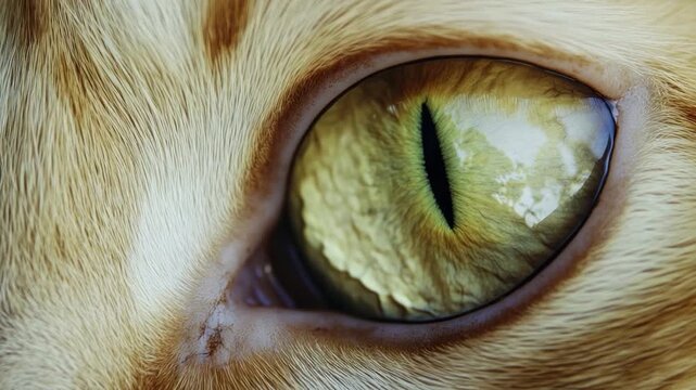 A detailed macro shot showcases a feline eye with a striking yellow iris and textured fur