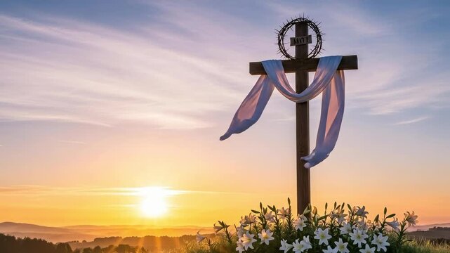 Empty wooden cross with white cloth and lilies on a hill at sunrise for Easter Sunday service