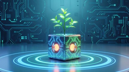 Naklejka premium A green plant growing from a futuristic digital cube representing sustainable technology and ecological innovation.