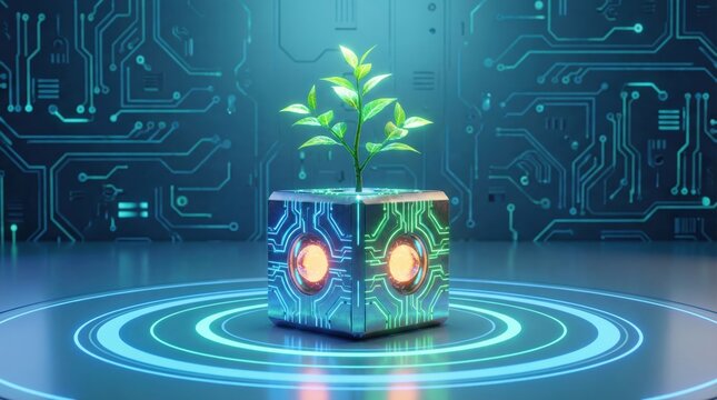 A green plant growing from a futuristic digital cube representing sustainable technology and ecological innovation.