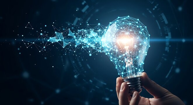 Hand holds a lightbulb constructed of light, with digital connections sparking outwards