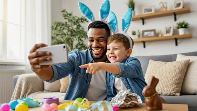 Happy Foster Father and Son with Bunny Ears Taking Selfie on Easter Morning