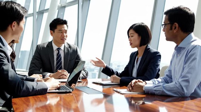 Meeting discussion and collaboration in a modern office setting with diverse business professionals reviewing data on tablet during strategic planning session Innovation teamwork and partnership with