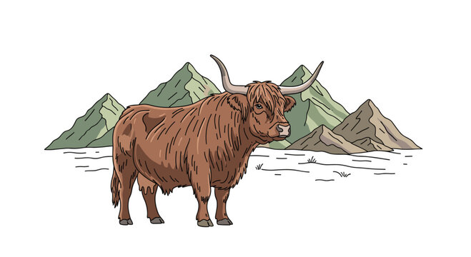 A shaggy brown Highland cow with long horns stands in a snowy landscape with three green and grey mountains in the background.