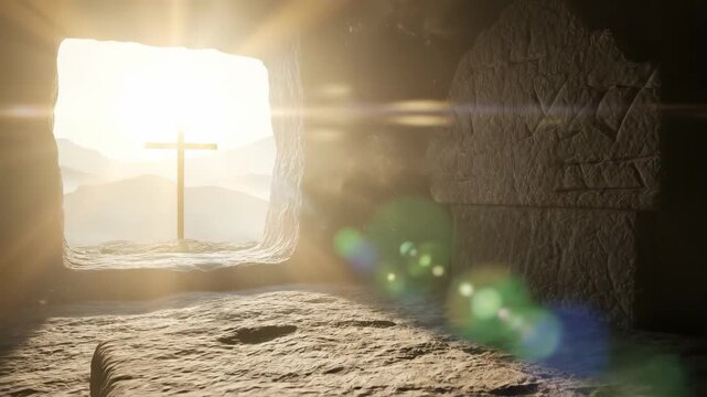 Empty stone tomb of the messiah with morning light and cross for Easter Sunday