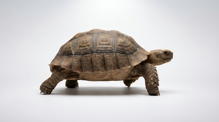 Obraz premium Static side profile of a tortoise walking slowly across a seamless white background, fixed camera angle with crisp focus on textured shell and legs, soft diffused studio lighting creating gentle shado
