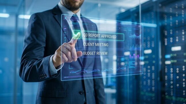 Business professional marking digital checklist items on transparent futuristic interface, corporate workflow management and project tracking concept, modern blue technology background with cinematic 