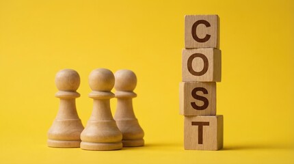 Conceptual business image of wooden blocks spelling cost next to chess pawns on a yellow background.