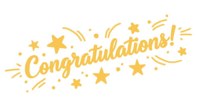 Illustration of hand drawn golden congratulations with stars isolated on transparent background