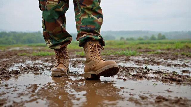 Person in military boots standing in muddy field