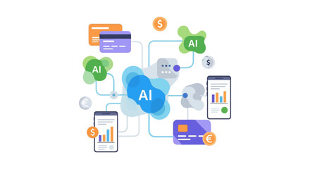Fototapeta premium AI FinTech Financial Network Connection. Digital banking, mobile payment, data analysis, and machine learning illustration.