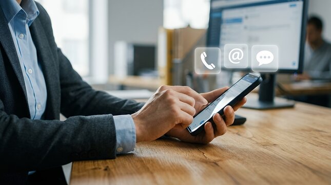 Close-up of a professional using a smartphone on a wooden desk while translucent phone, email and chat icons float above the device, subtle thumb movement interacting with the screen, static side fram