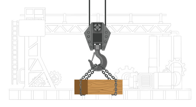 A robust crane hook with chains is depicted in a close-up view, lifting a single wooden block against an outlined industrial backdrop.