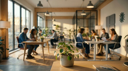 Modern office environment with coworkers collaborating and plants adding a touch of nature