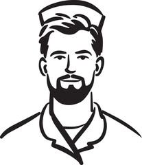 Obraz premium Hand Drawn Man as Nurse Black and White Avatar Illustration in Minimal Line Art Style Design